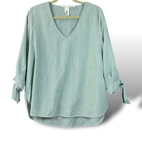 H&M Blouse Womens Size L Green/White Striped V-Neck 3/4 Bow Sleeves Rounded Hem - Picture 1 of 9